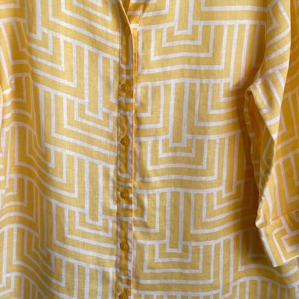 Chico’s 100% Linen No Iron Top Sz L 12/14 Yellow White Geometric Preppy - Picture 7 of 10